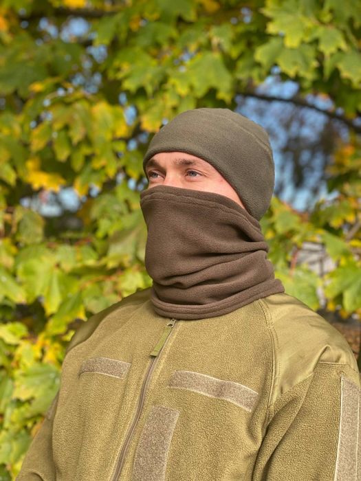 Комплект Флісова Шапка + Баф флісовий. Мультикам піксель  олива чорна