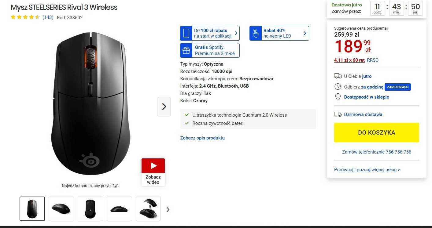 Mysz STEELSERIES Rival 3 Wireless - nowa