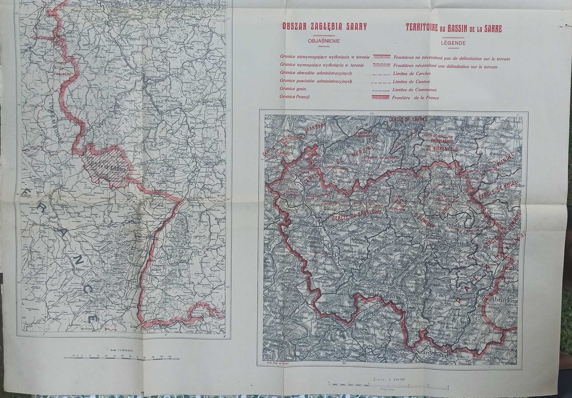 Stara mapa "Zachodnie granice Niemiec, Szlezwig, Zagłębie Saary",1919r