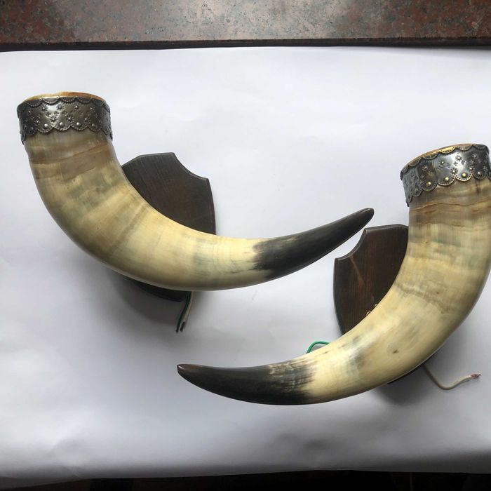 Kinkiety z rogów bawolich – komplet dekoracyjny, vintage