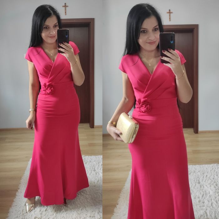 Sukienka długa maxi pasek z różą wesele impreza