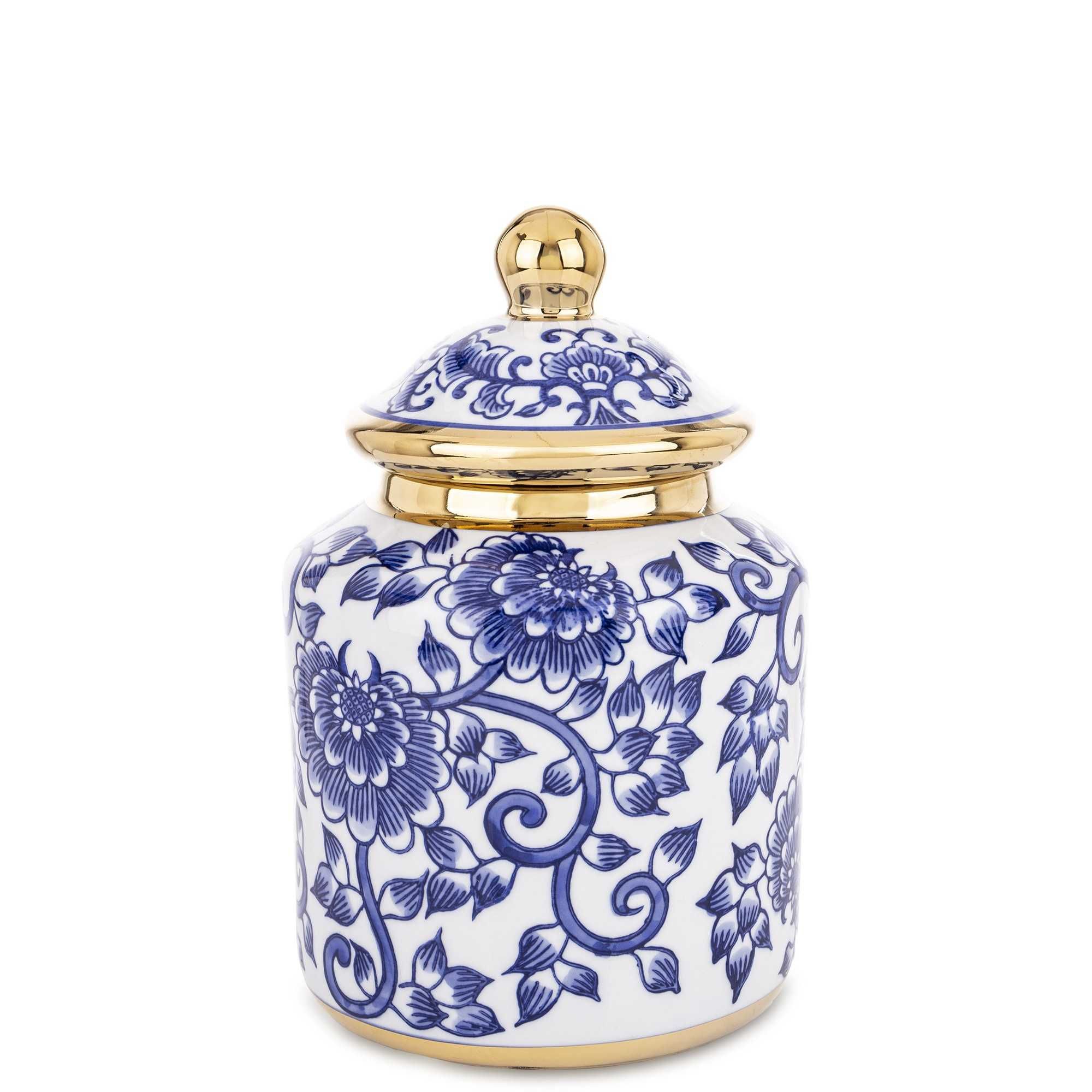 Niebiesko biała amfora z przykrywką ceramiczny pojemnik wazon 176384