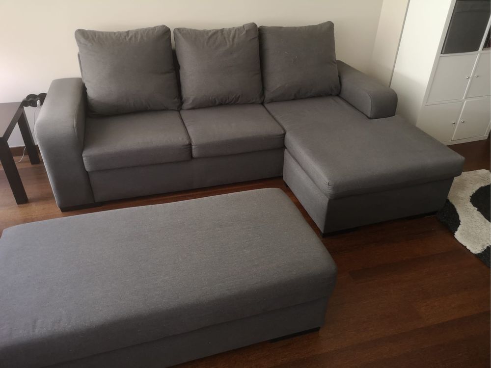 Sofa cinzento 220x150 com chaise long + puff com arrumação