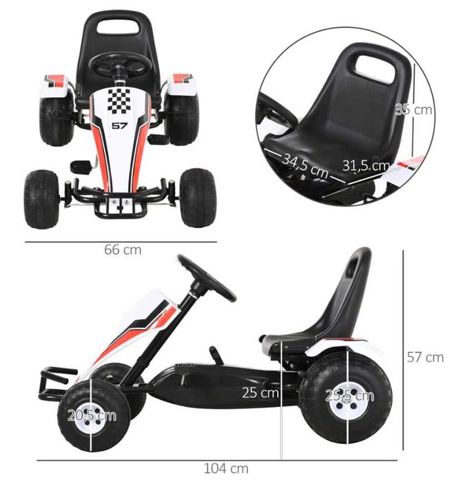 Kart Carro a Pedais com Assento Ajustável, Freio de Mão Branco e Preto