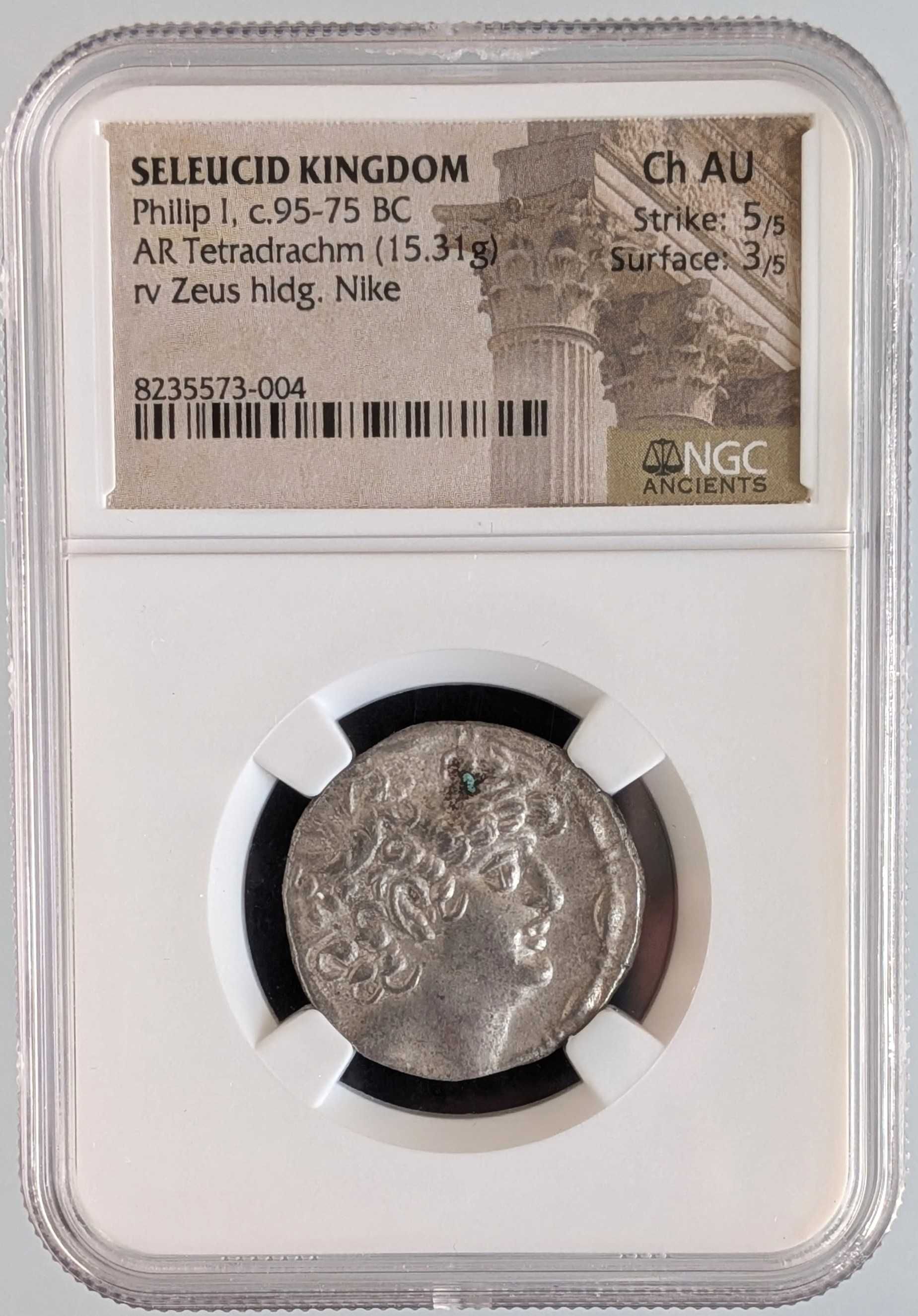 moeda antiga Império Selêucida - Filipe I 95-75 AC Tetradracma NGC AU