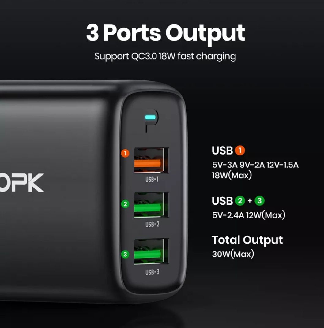 Сетевое зарядное устройство Topk Qualcomm Quick Charge 3.0 30W 3xUSB