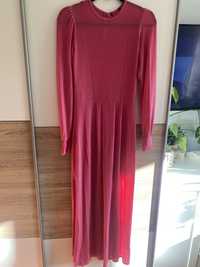 Długa różowa błyszcząca sukienka z rozcieciami L 40