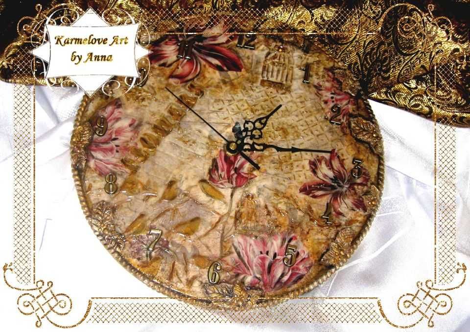 Zegar ręcznie zdobiony decoupage rękodzieło, prezent