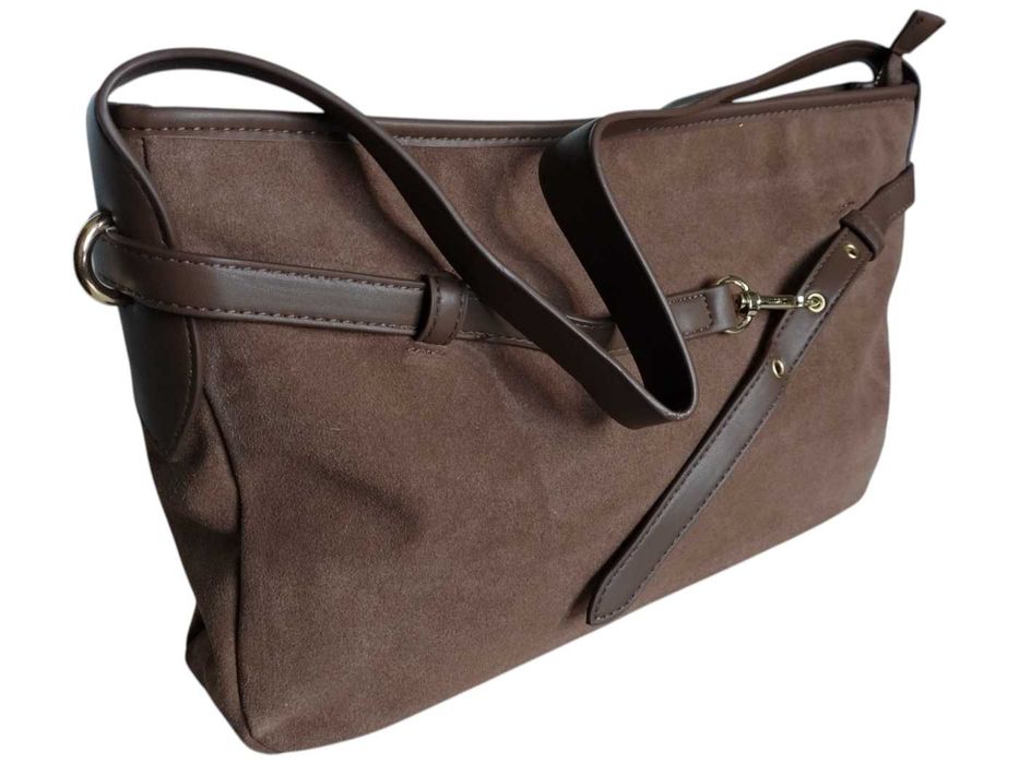 Torebka Damska Zamszowa, Modna Miejska Torba Shopper na Ramię, Brązowy