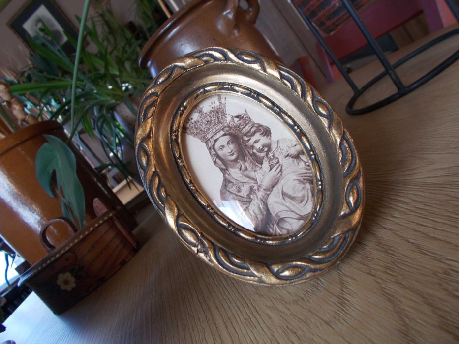 Zabytkowa ramka owalna złocona wypukła szybka, stary obrazek religijny