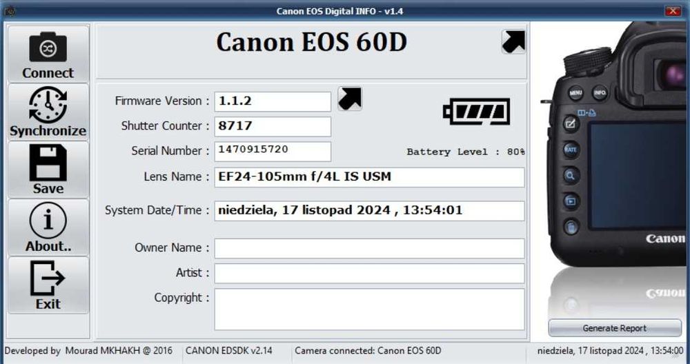 Canon Eos 60D + Obiektyw Canon EF 24-105 1:4 L IS USM, przebieg 8717