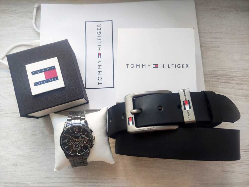 Мужской подарочный набор Tommy часы и кожаный ремень total black