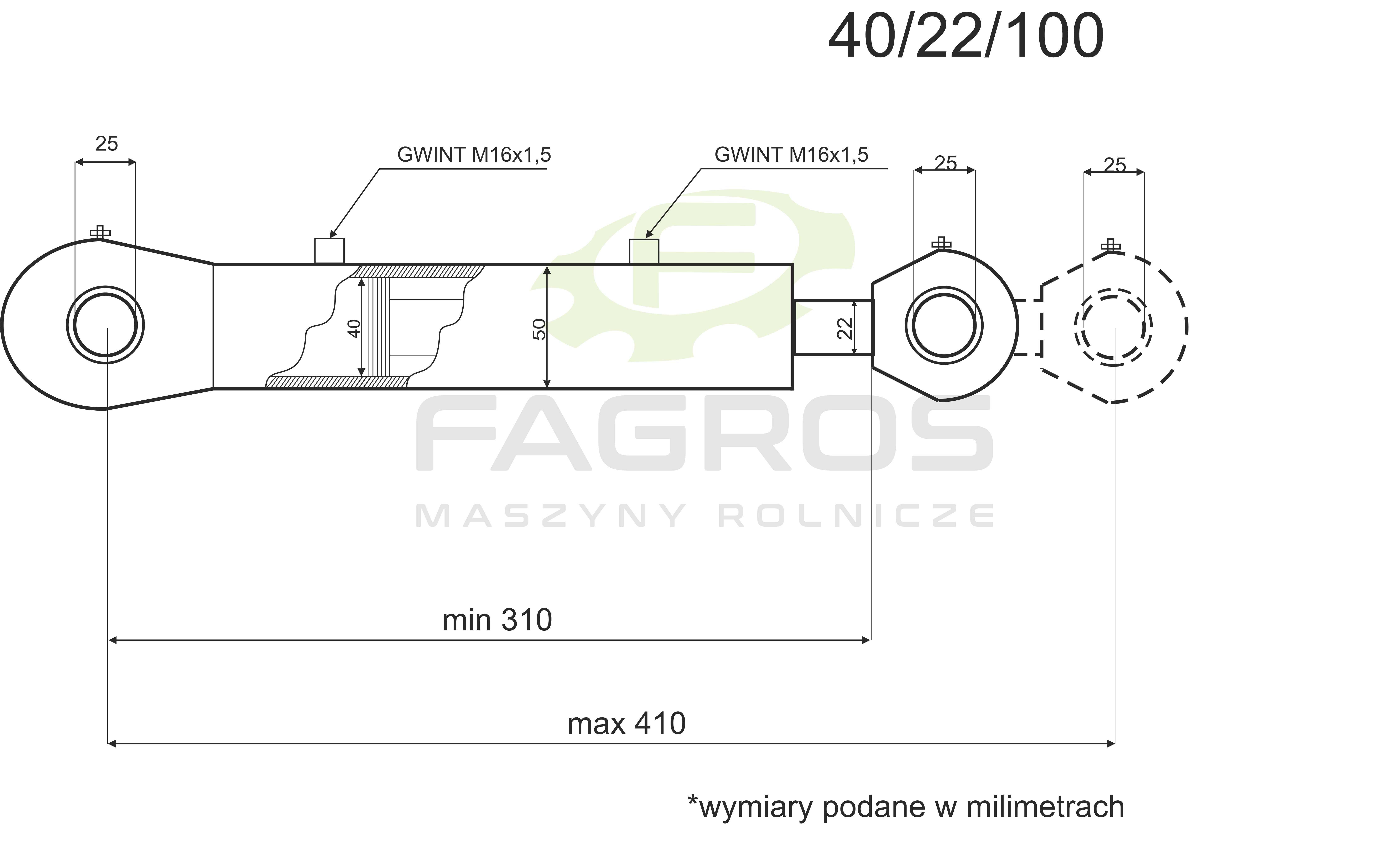 TŁOK 40/22/100 Siłownik hydrauliczny 2 dwu-stronny cylinder tur ładowa