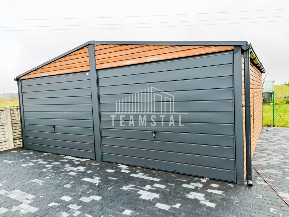 GARAŻ BLASZANY 6m x 6m 2x Brama orzech + antracyt drzwi TS248 6x6