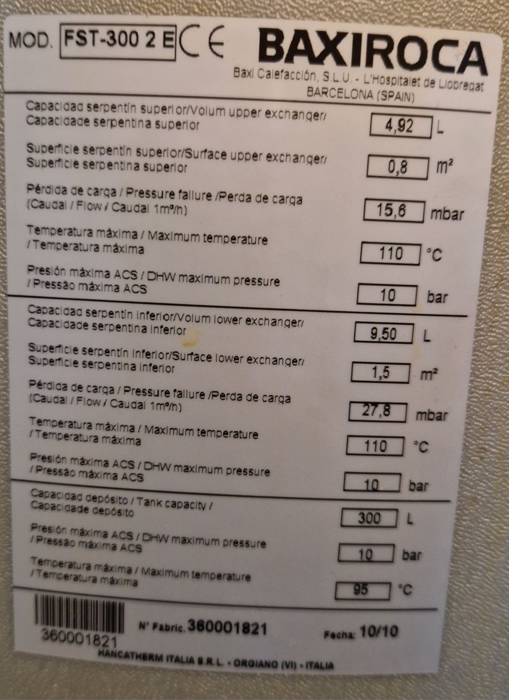 Depósito termoacumulador água quente sanitária Baxiroca FST 300-2