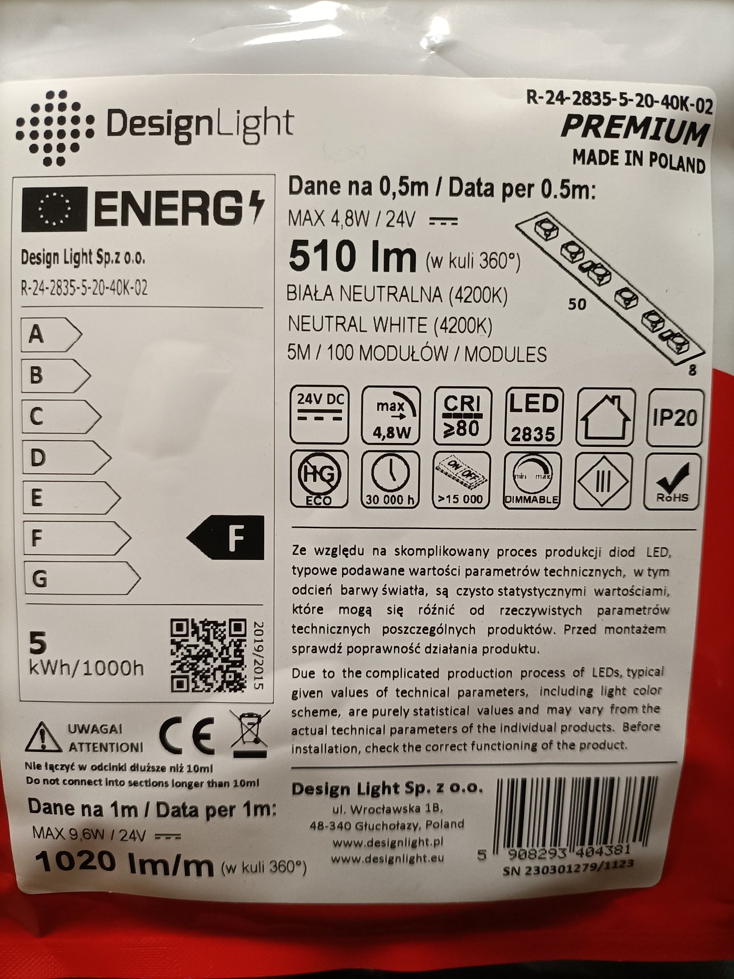 Taśma LED premium  biała neutralna 5 metrów 24V