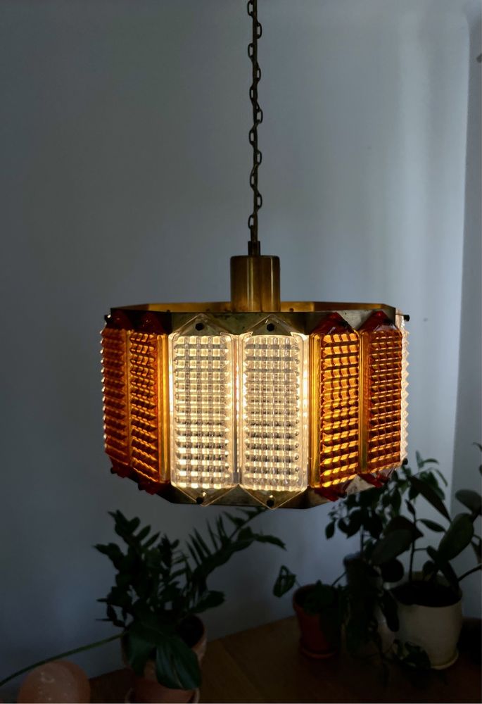 Lampa sufitowa, mosiądz i szkło, V. Berndt, Szwecja, vintage, lata 60