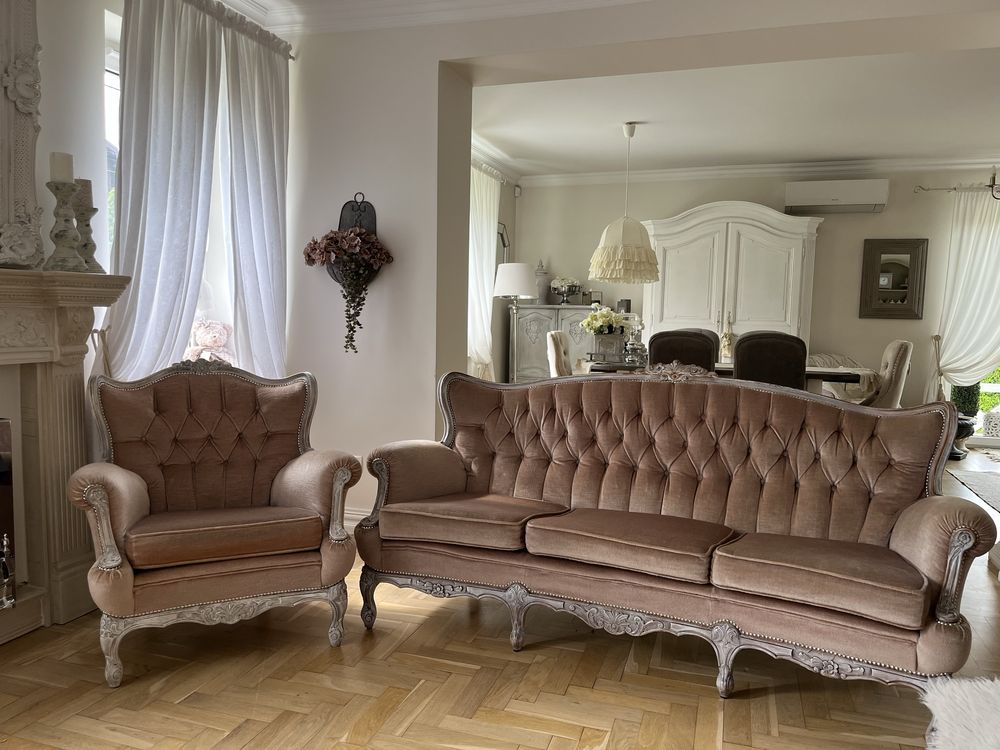 Sofa+fotele w stylu ludwikowskim kolor Beż,beżowy stan BDB