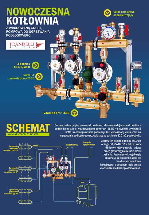 Kotłownia 3 pompowa Prandelli Wilo TeCe kotłów paliwo stałe u. otwarty