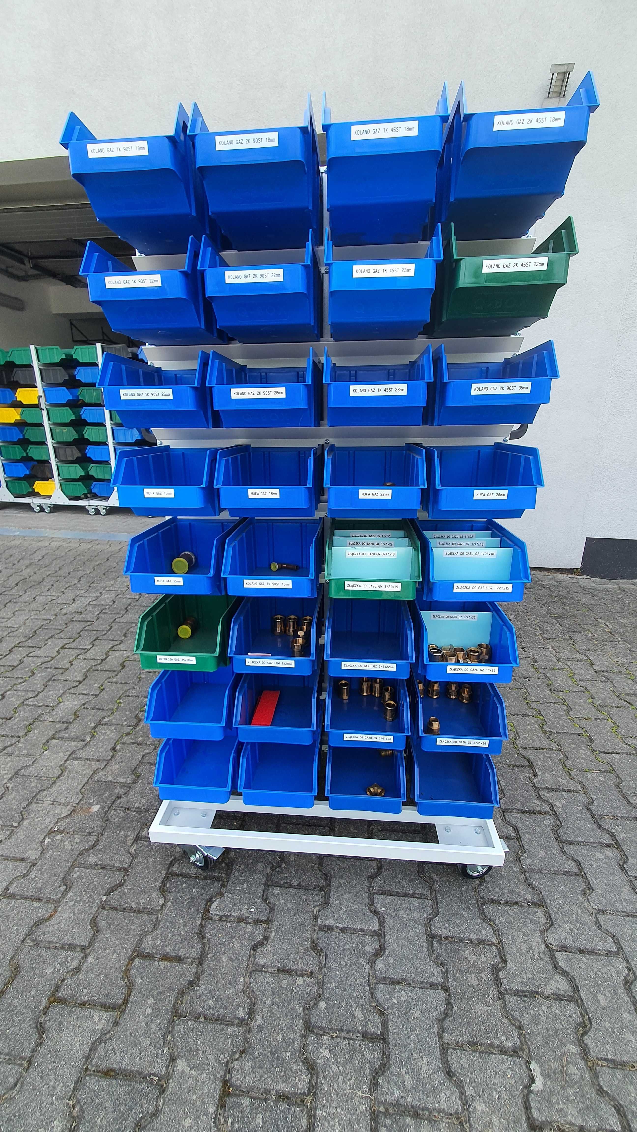 Regał magazynowy Q-BOX, dwustronny, z pojemnikami