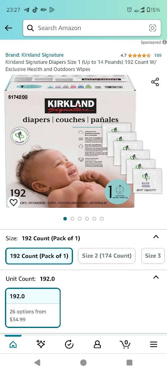 Підгузники Pampers Kirkland 1, 192 шт. США.