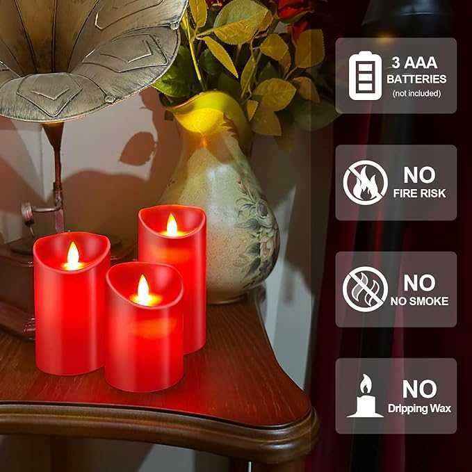 Czerwone świece LED z wosku, 3 sztuki, z Pilotem