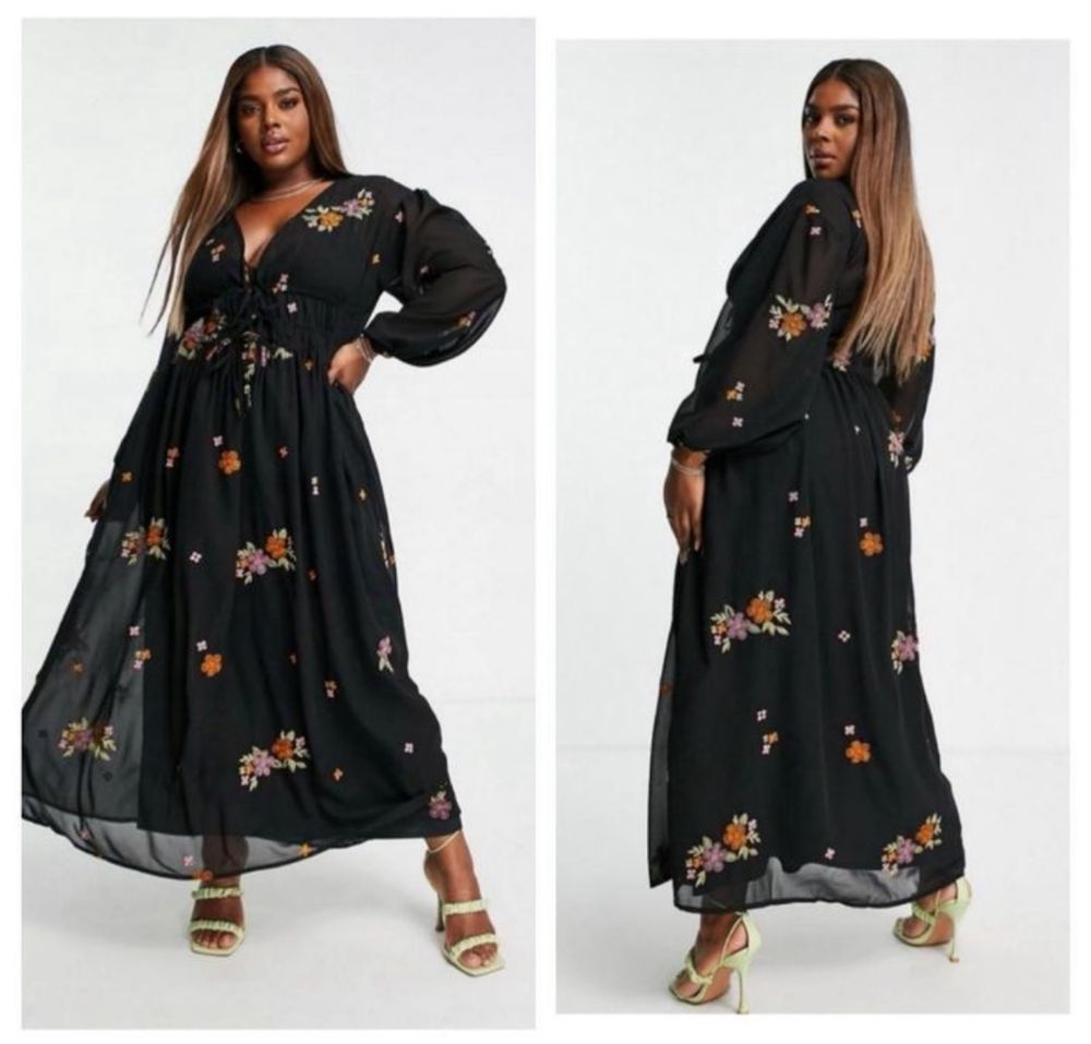 Czarna sukienka haft kwiaty midi maxi midaxi 44 xxl 42 xL asos