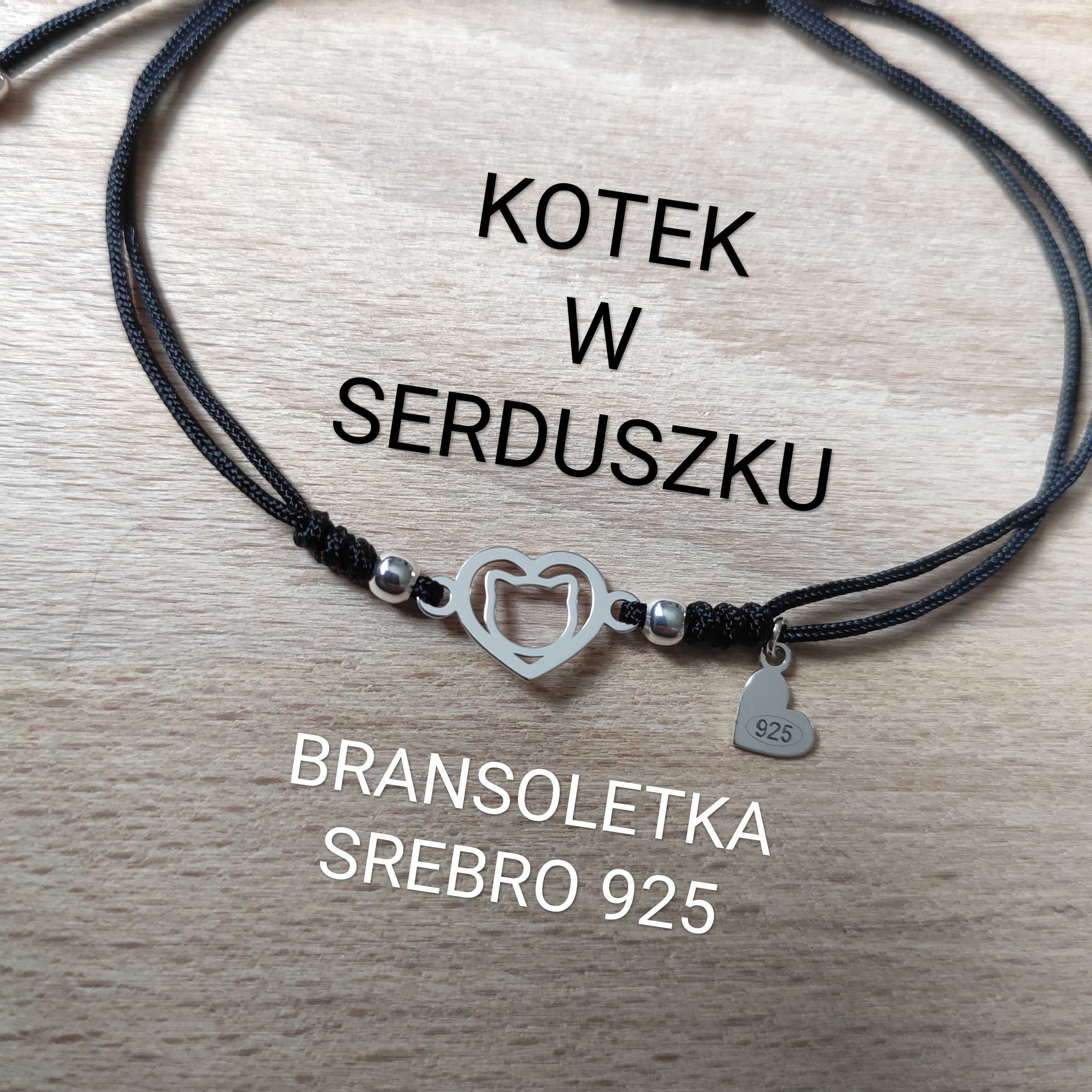 Bransoletka sznurkowa kot kotek w sercu SREBRO 925 sznurek