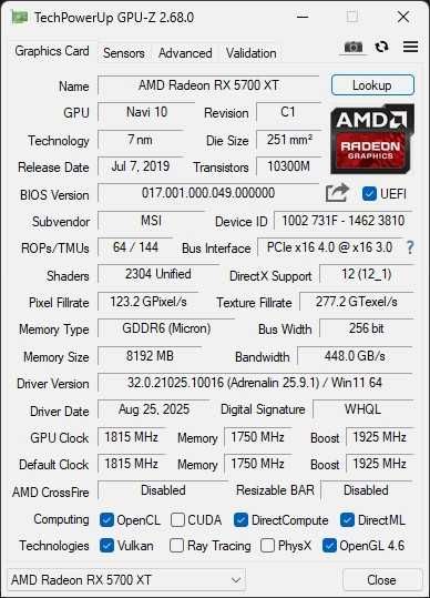 Placa gráfica AMD Radeon MSI RX 5700 8GB MECH GP OC – 8GB GDDR6