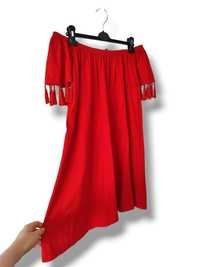 Asos hiszpanka z frędzlami czerwona luźna sukienka na lato wakacje