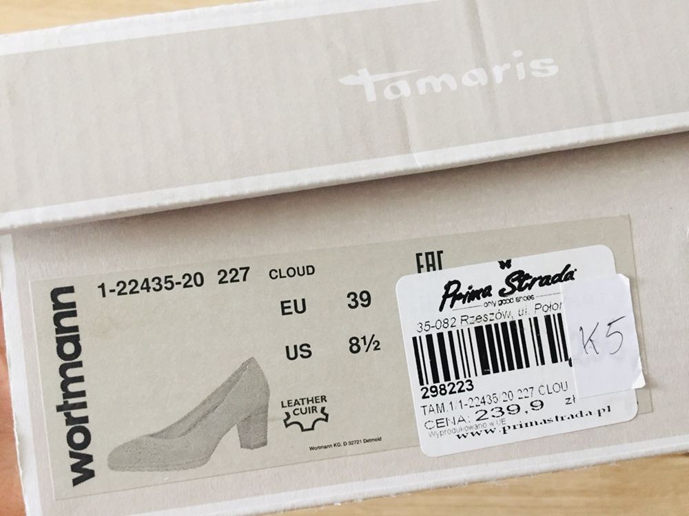 Czółenka skórzane r. 39 Tamaris szare na platformie