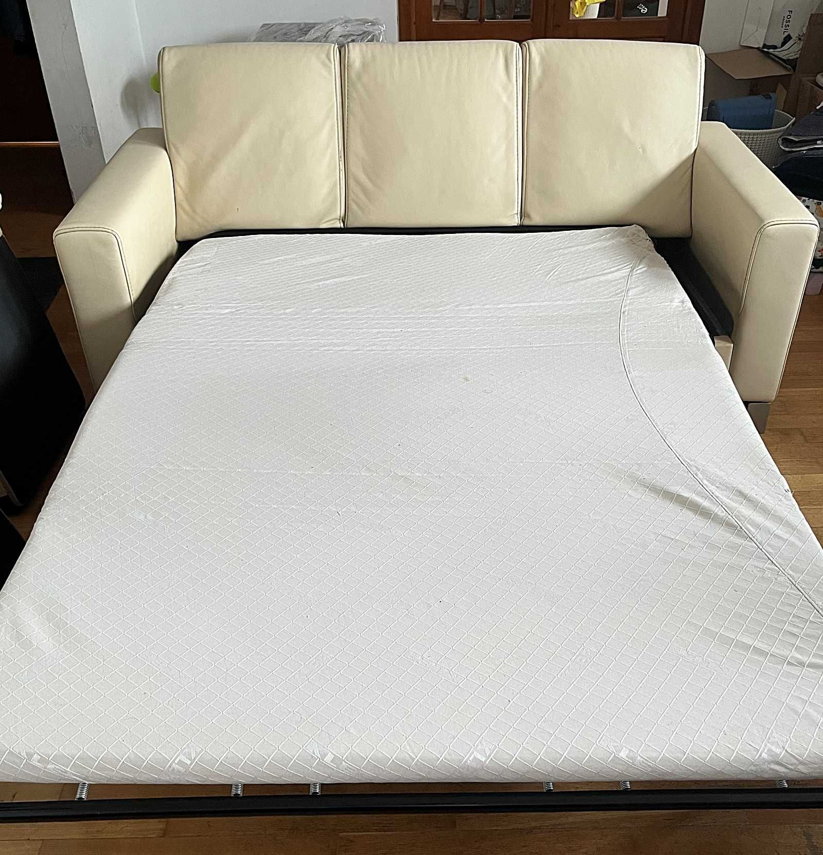 Sofa - Kler Etiuda skórzana z funkcją spania - kolor kość słoniowa