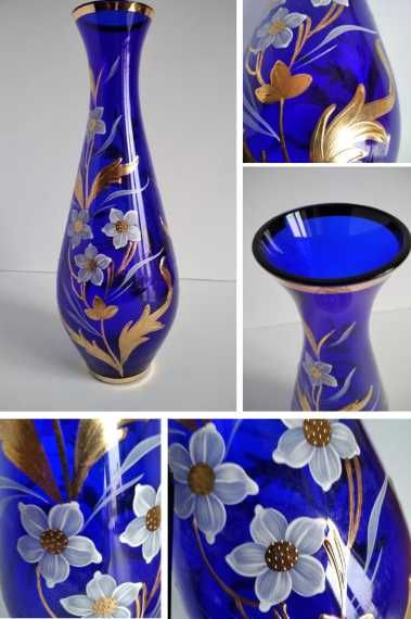 Ваза Bohemia Чехословакия 70-е, кобальт, ручная роспись, h-33cм.