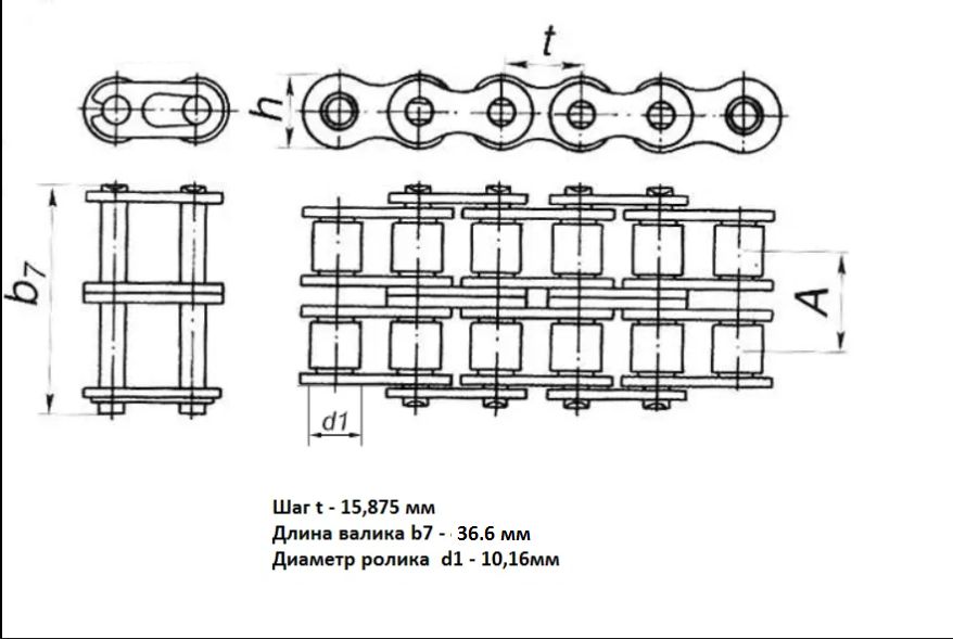 Цепь 2ПР-15.875 (СССР) двухрядная приводная роликовая (ISO10B-2)