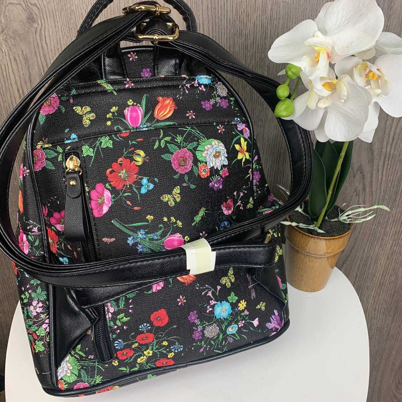 Женский рюкзак рюкзачок жіночий портфель в цветочек квіти экокожа