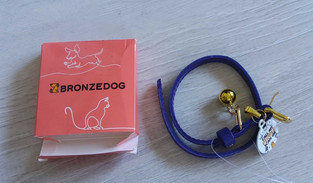 Bronzedog skórzana obroża dla kota psa z QR 23-28 cm niebieska