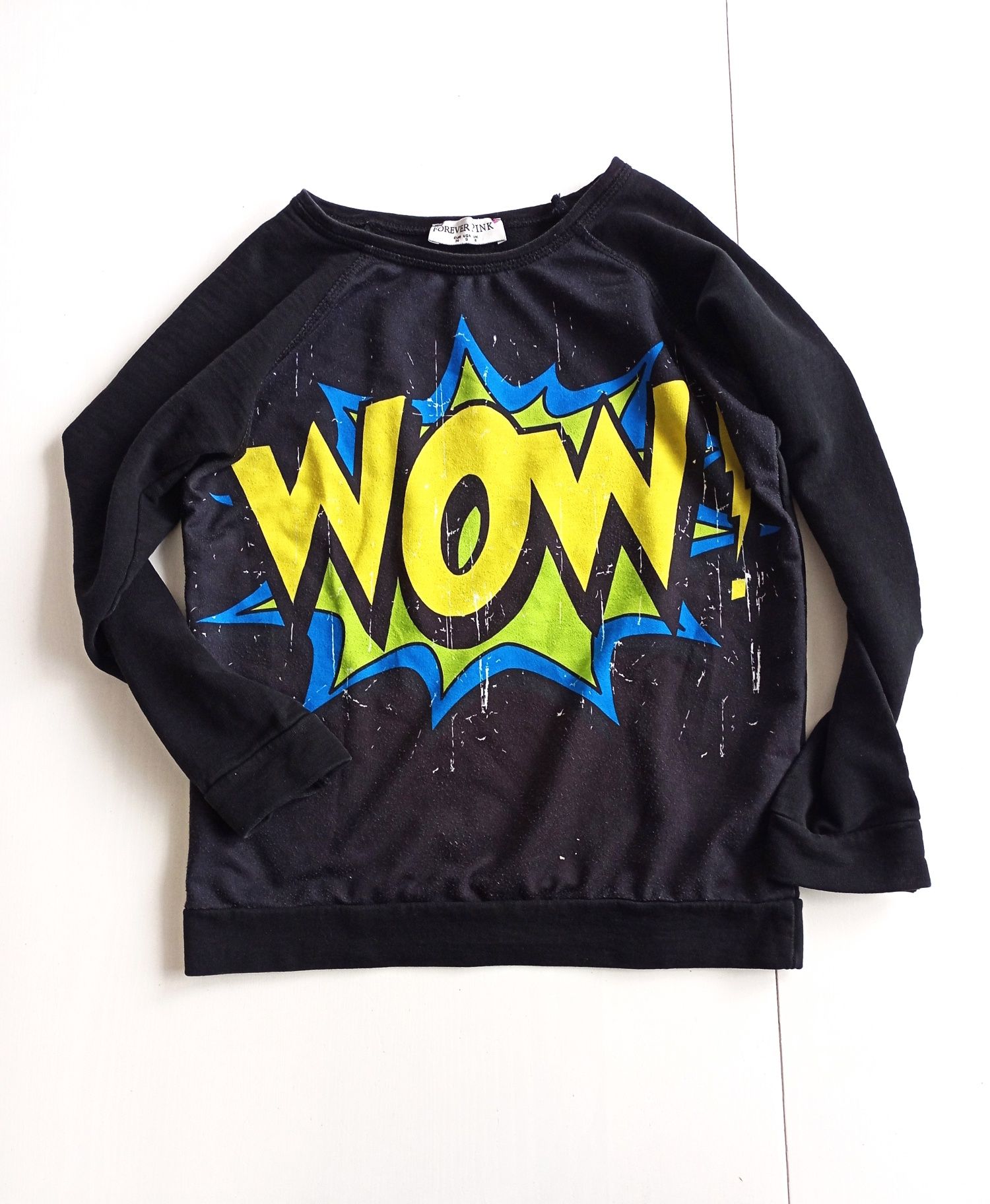 BEZ WAD Bluza dresowa z napisem WOW! S/36 czarna #1377