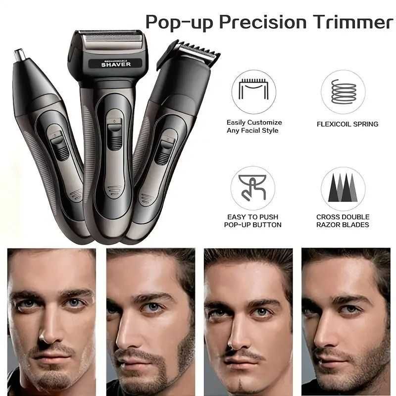 Kit barbeador multifuncional 3 em 1. Recarregável por USB. Novo.
