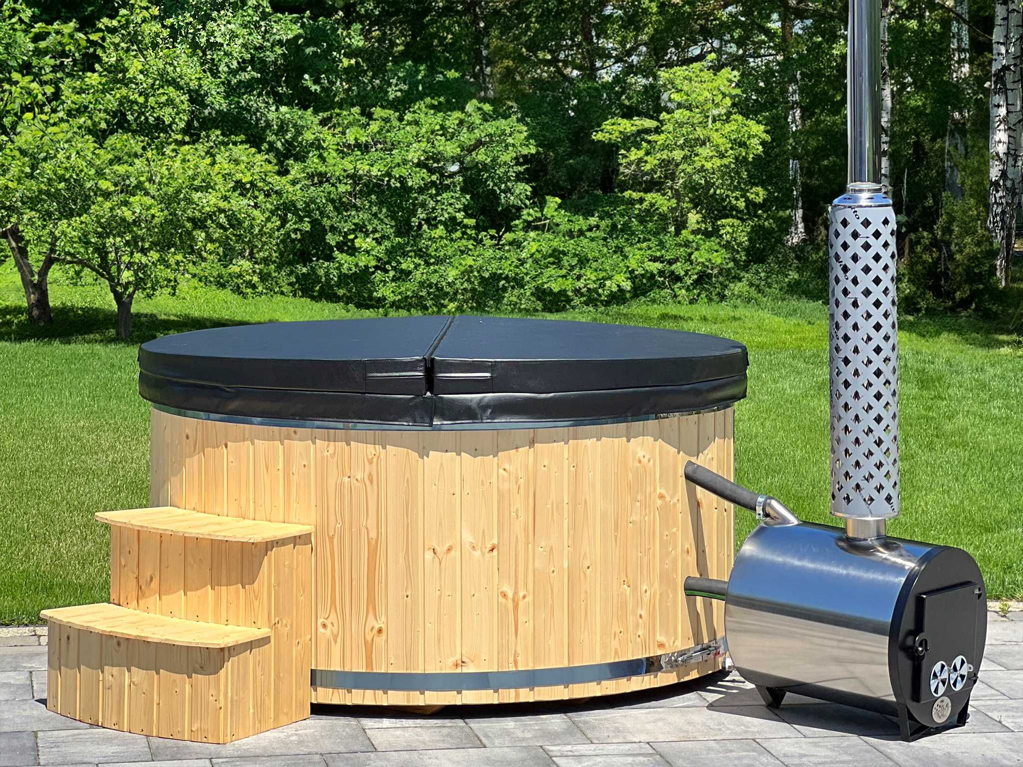 Balia ogrodowa, Jacuzzi wanna z hydromasażem - piec na drewno LED hit