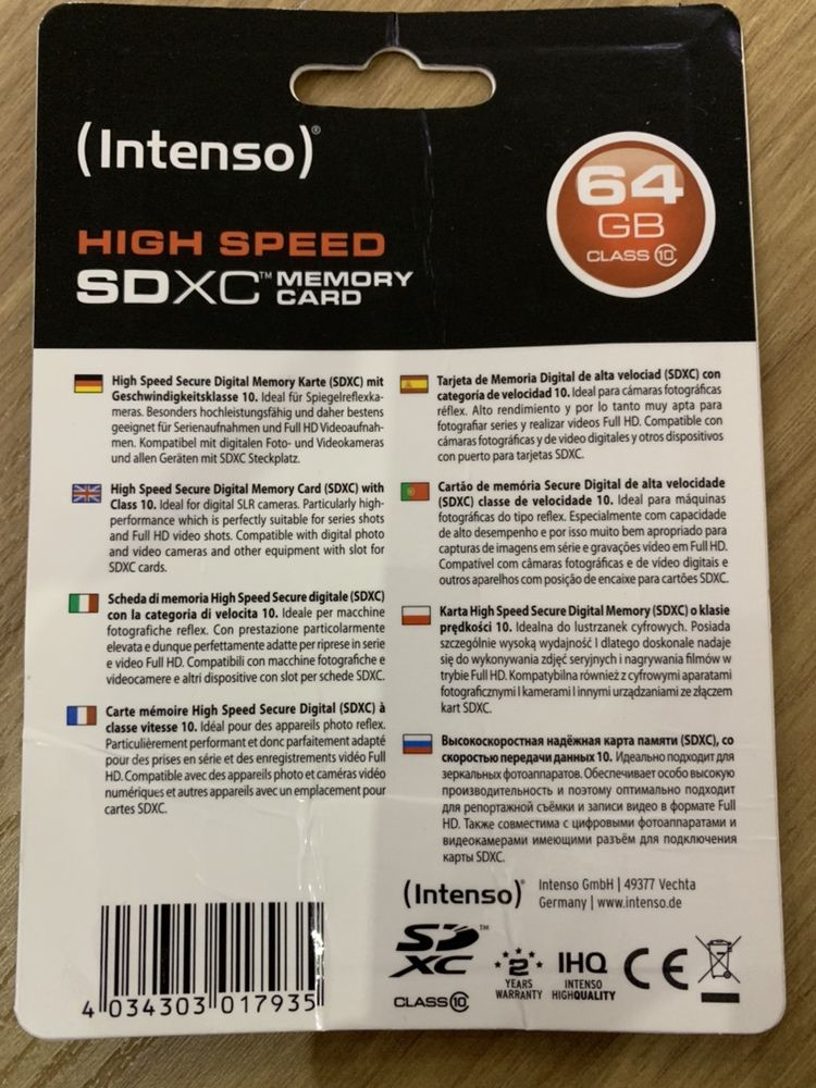 Cartão SDXC Intenso 64GB classe 10