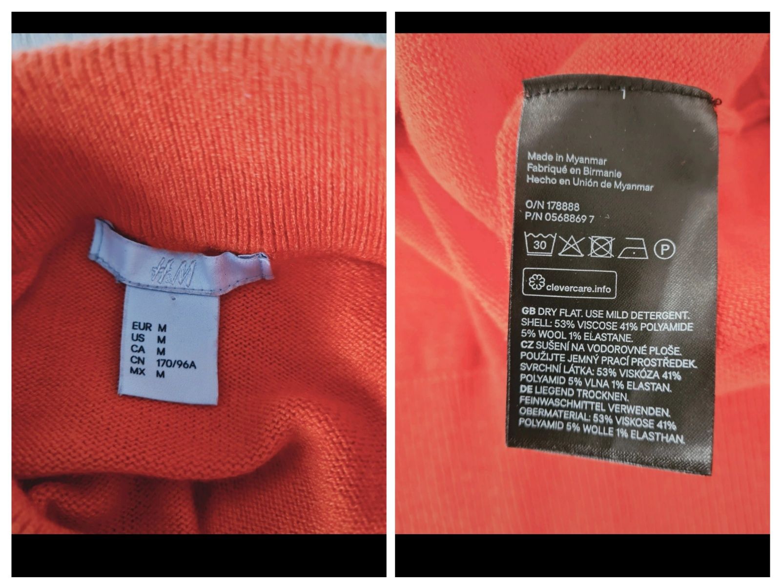 Półgolf Sweter H&M czerwony. 5% Wełna i 53% Wiskoza.  Rozmiar M 38.