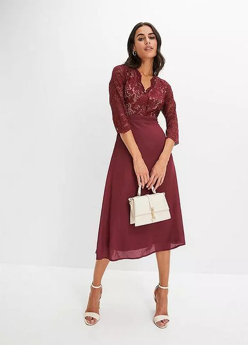 B.P.C sukienka szyfonowa z koronką bordowa 40/42.
