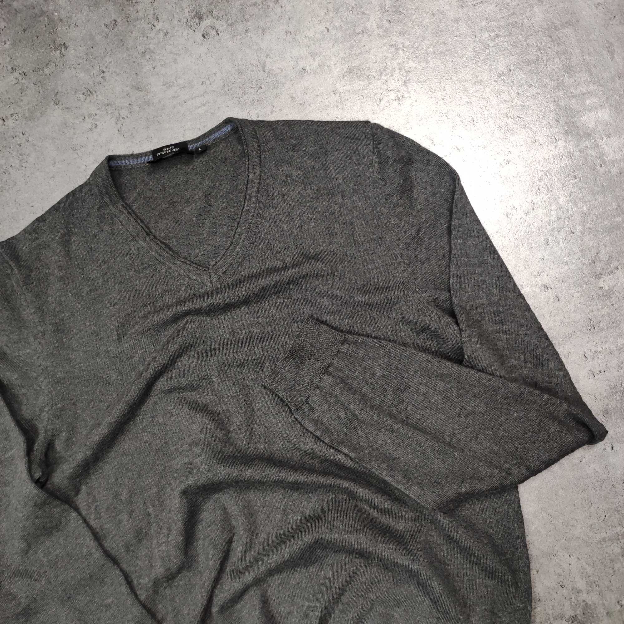 MĘSKI Sweter Elegancki Klasyczny PREMIUM Merino Wełna Hugo Boss Szary