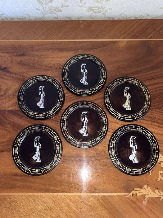 Бирдекели подставки под чашки бокалы Япония винтаж перламутр дерево