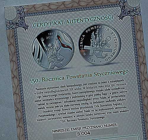 150 Rocznica Powstania Styczniowego - Medal , moneta , certyfikat