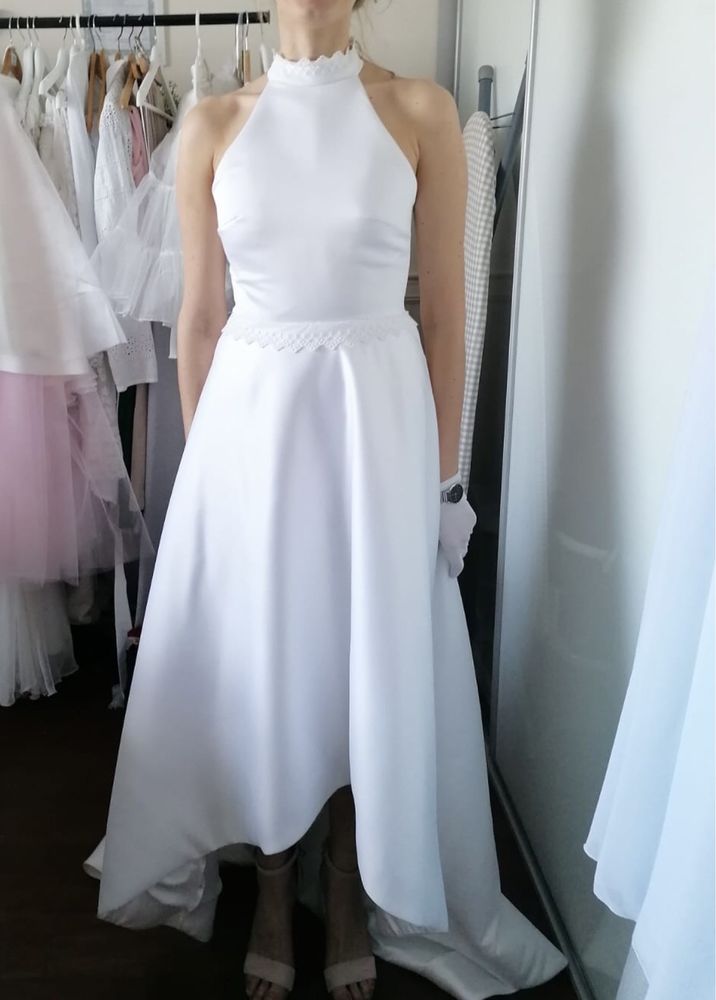Suknia ślubna asymetryczna biała dekolt halter gruby jedwab XS/S