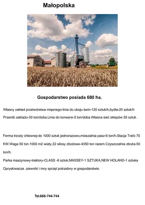 Sprzedam duże gospodarstwo rolne 680 ha.