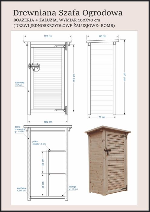 Szafa ogrodowa drewniana 100 x 70cm, drewniana szafa na narzędzia