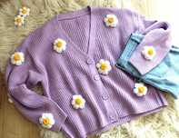 Sweter z kwiatami 3D kardigan wiosenny oversize fioletowy