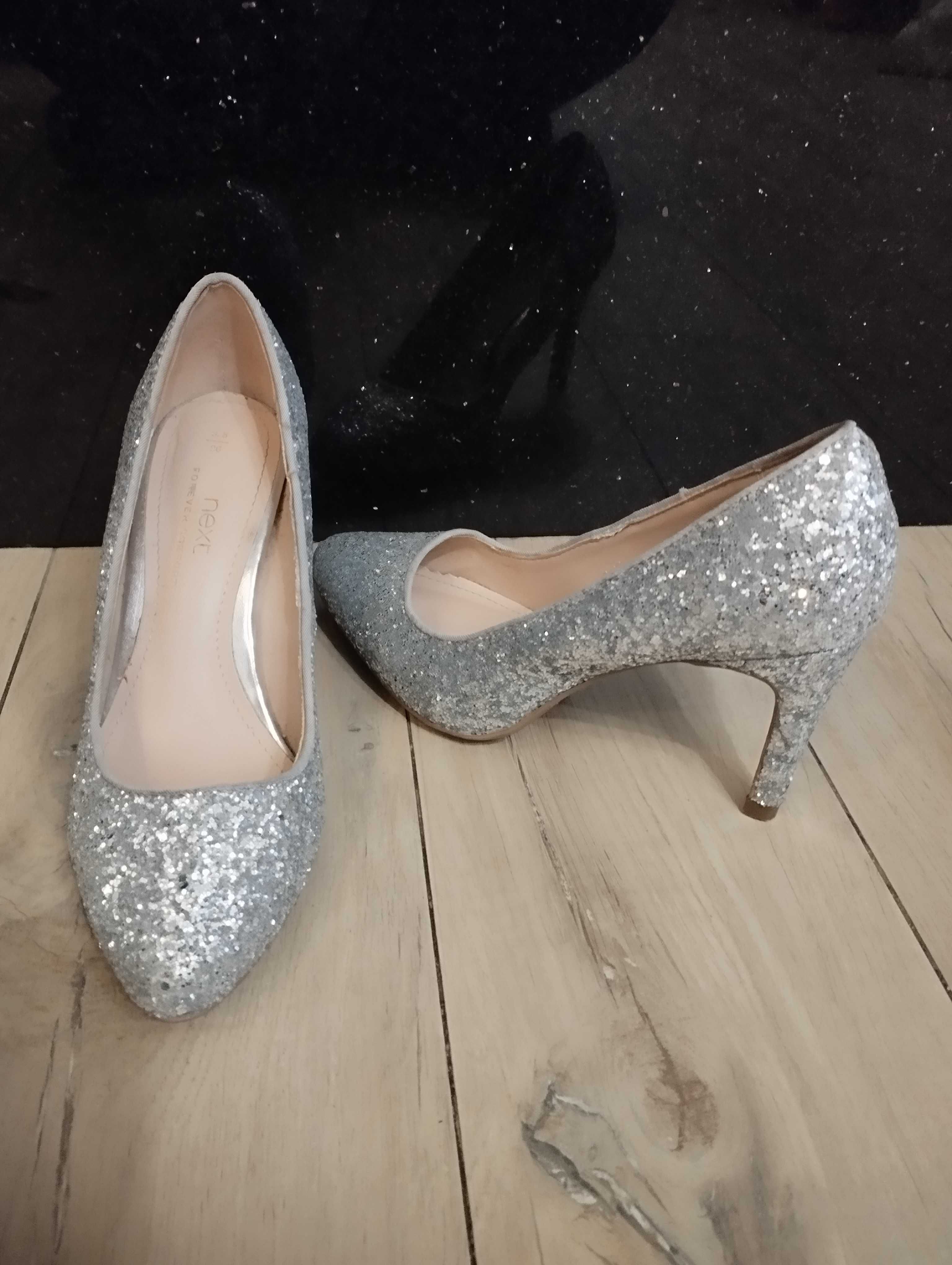 Buty szpilki next brokat srebrne r 36
